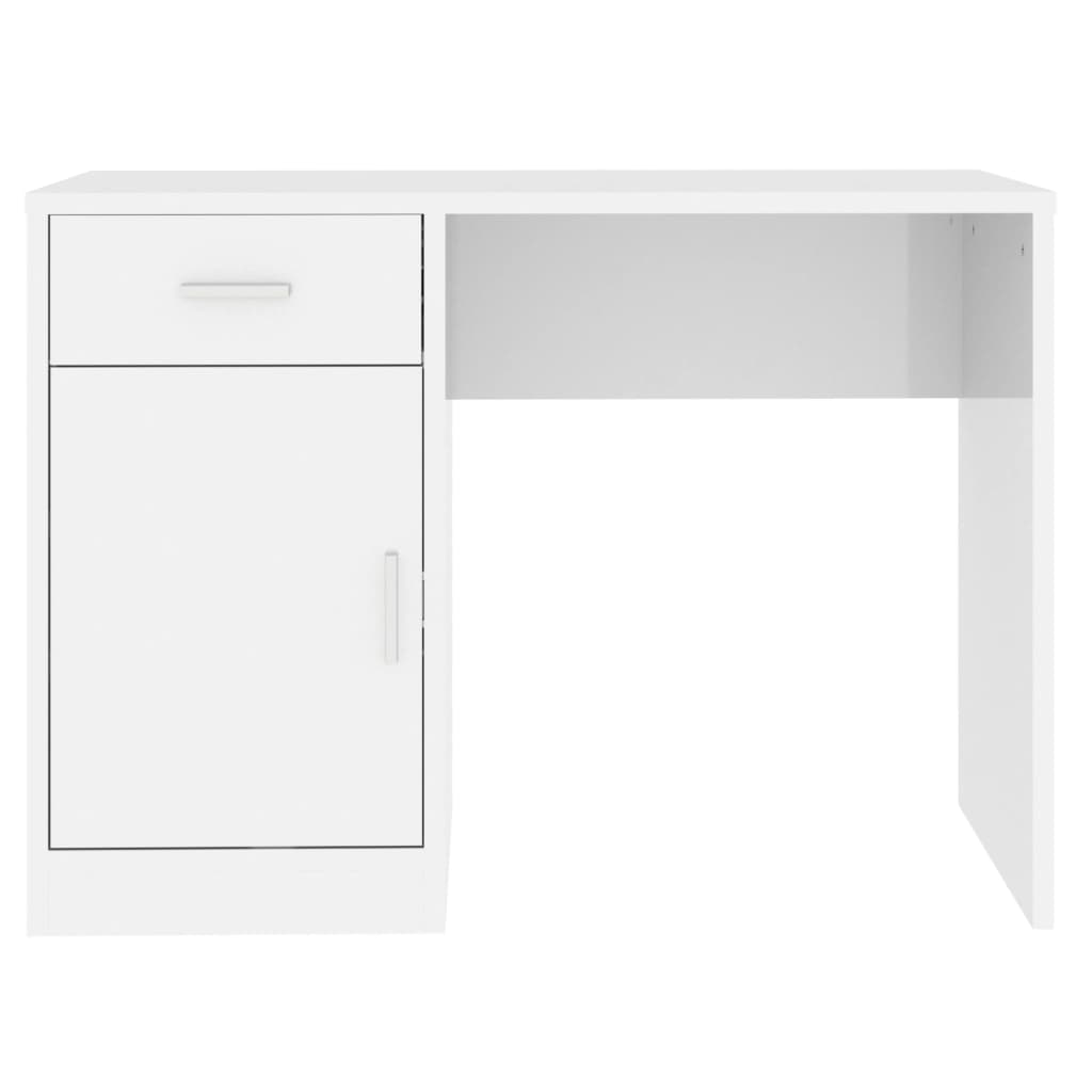 Birou cu sertar și dulap, alb extralucios, 100x40x73 cm, lemn - Lando