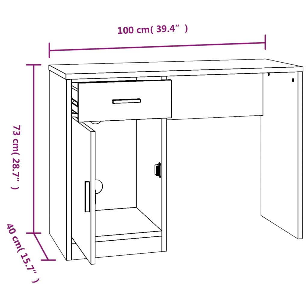 Birou cu sertar și dulap, alb extralucios, 100x40x73 cm, lemn - Lando