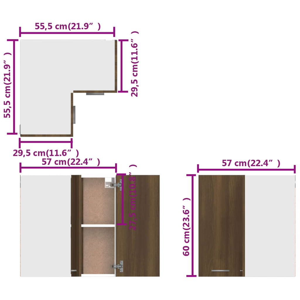 Dulap de colț suspendat, stejar maro, 57x57x60 cm, lemn - Lando