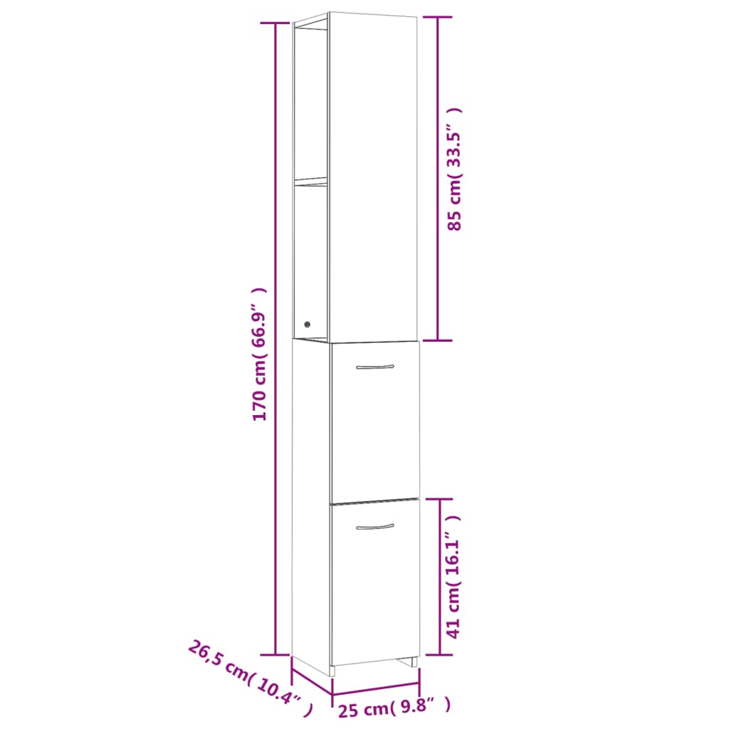 Dulap de baie, stejar afumat, 25x26,5x170 cm, lemn prelucrat - Lando