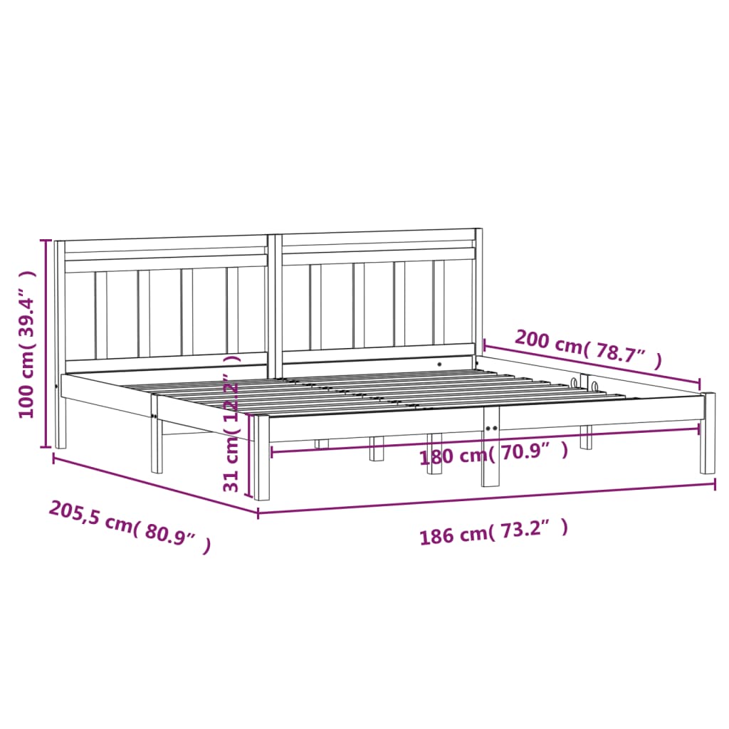 Cadru de pat Super King 6FT, negru, 180x200 cm, lemn masiv - Lando