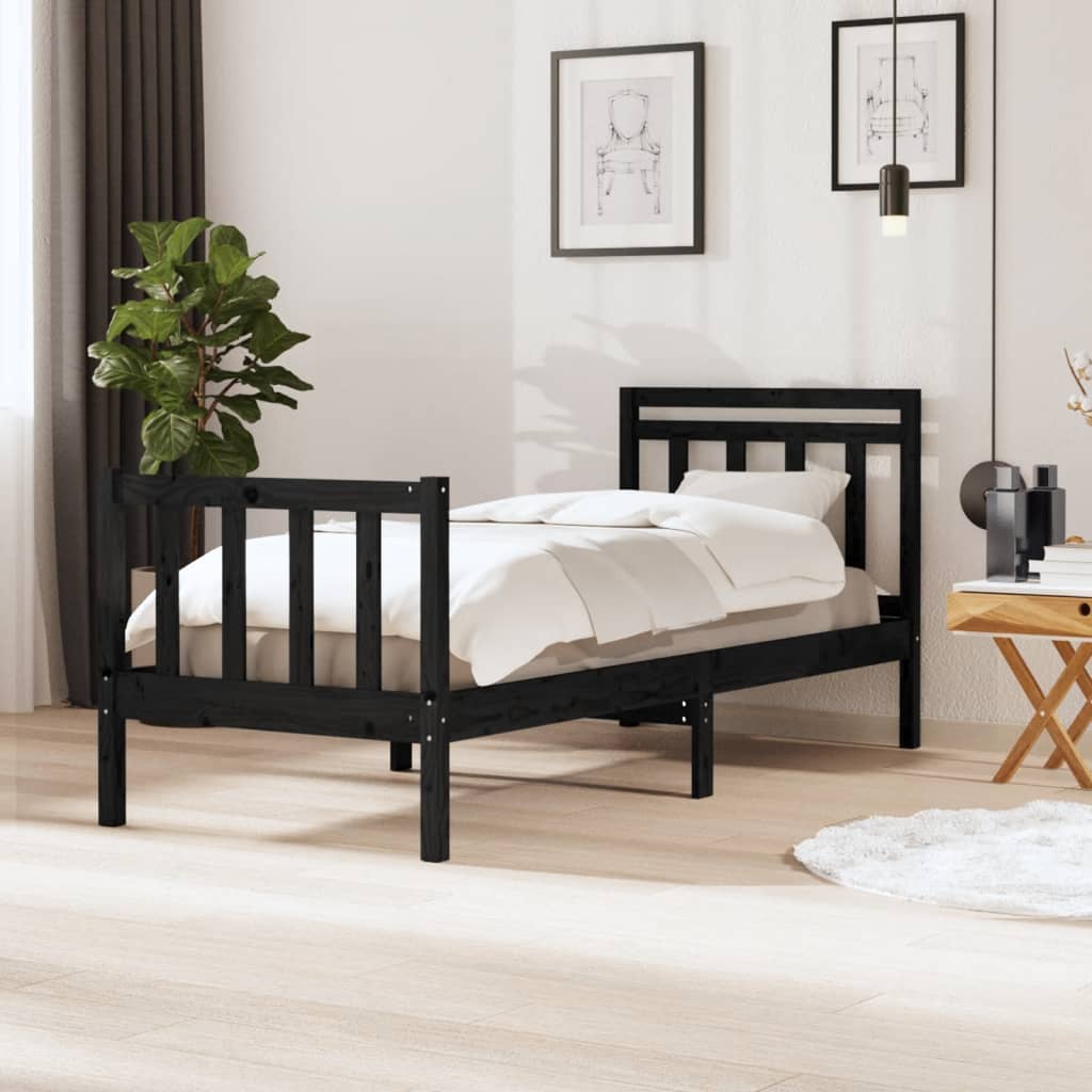 Cadru de pat Small Single 2FT6, negru, 75x190 cm lemn masiv - Lando