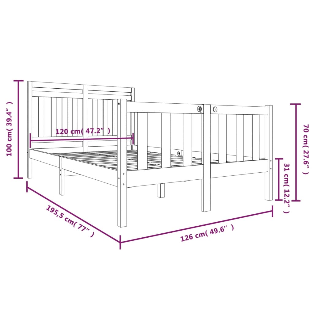 Cadru de pat Small Double 4FT, negru, 120x190 cm, lemn masiv - Lando