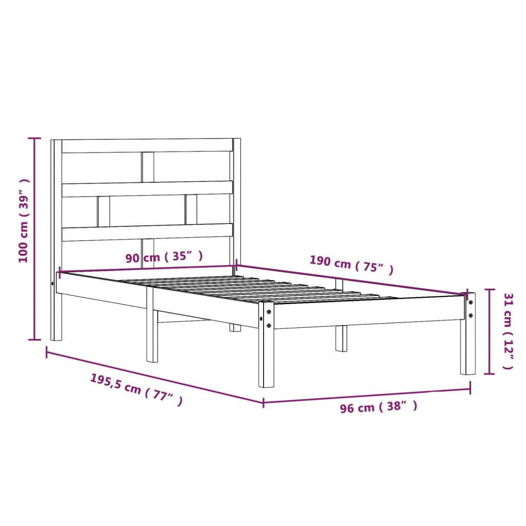 Cadru de pat Single 3FT, negru, 90x190 cm, lemn masiv - Lando