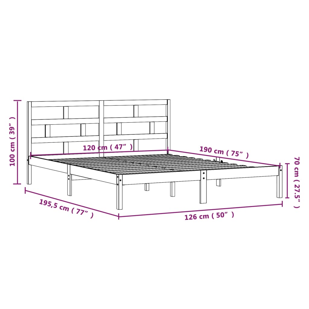 Cadru de pat mic dublu 4FT, negru, 120x190 cm, lemn masiv - Lando