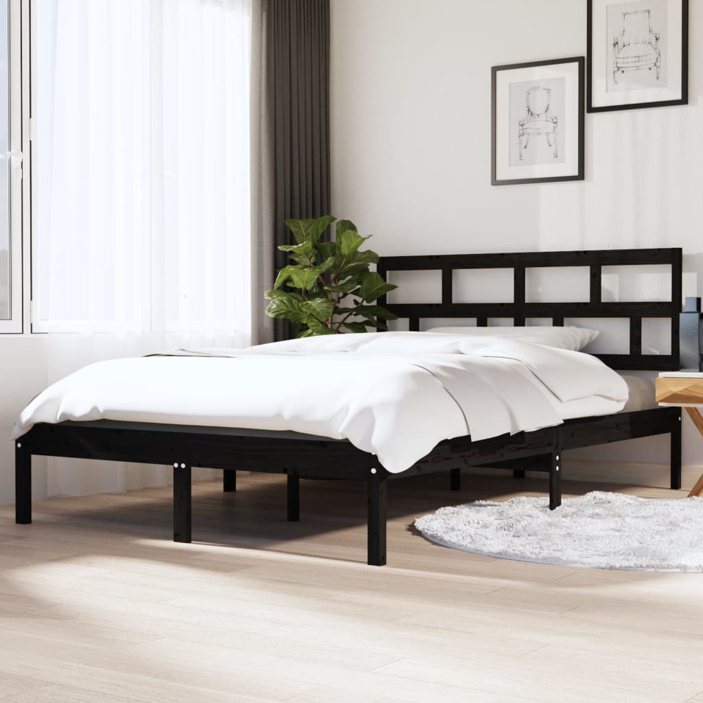 Cadru de pat dublu 4FT6, negru, 135x190 cm, lemn masiv - Lando
