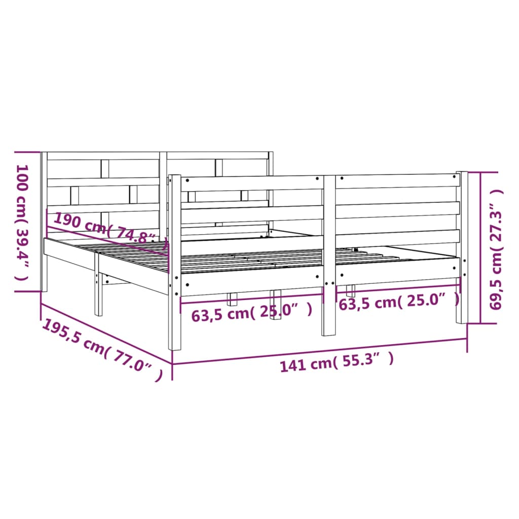 Cadru de pat dublu 4FT6, gri, 135x190 cm, lemn masiv - Lando