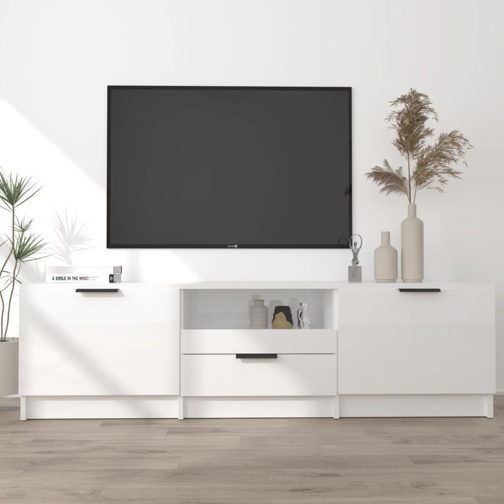 Comodă TV, alb extralucios, 140x35x40 cm, lemn prelucrat Lando - Lando