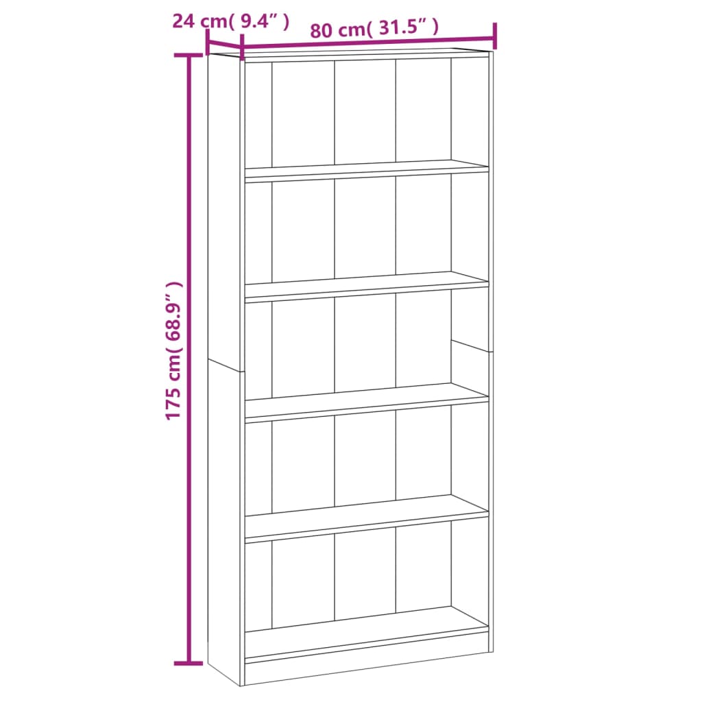 Bibliotecă 5 niveluri gri sonoma 80x24x175 cm lemn compozit Lando - Lando