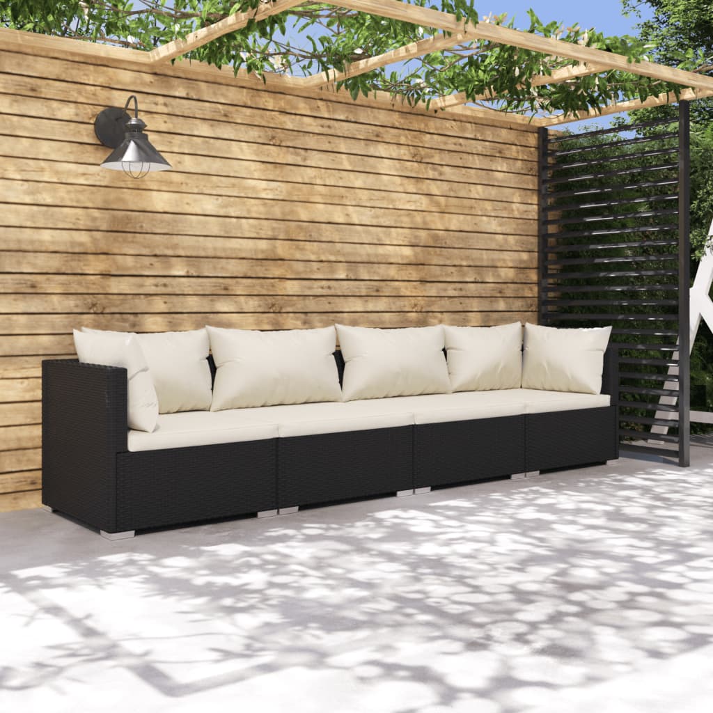 Set mobilier de grădină cu perne, 4 piese, negru, poliratan - Lando