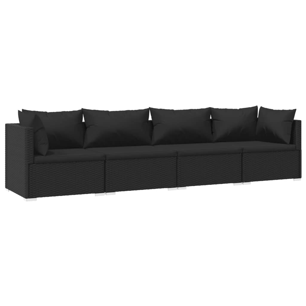 Set mobilier de grădină cu perne, 4 piese, negru, poliratan - Lando