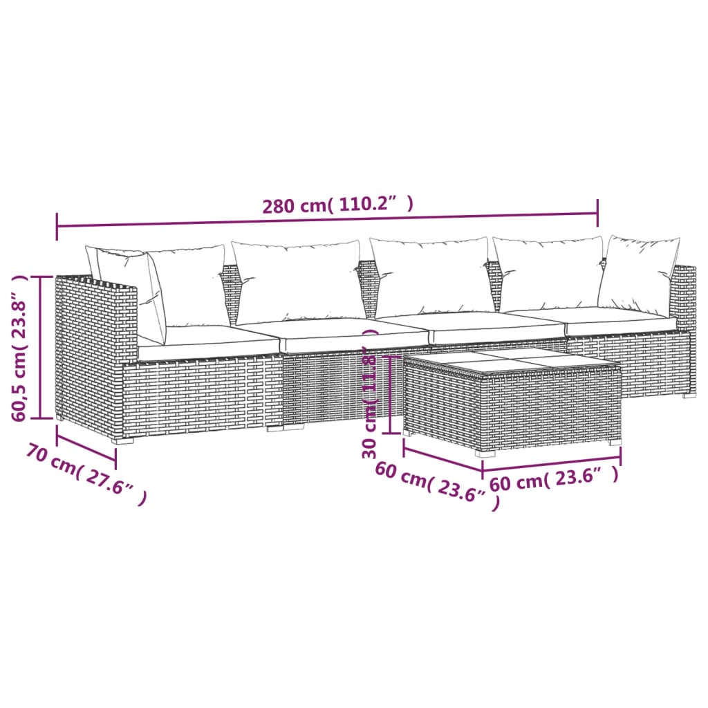 Set mobilier de grădină cu perne, 5 piese, negru, poliratan - Lando