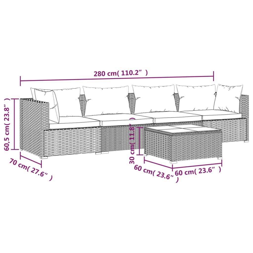 Set mobilier de grădină cu perne, 5 piese, maro, poliratan - Lando