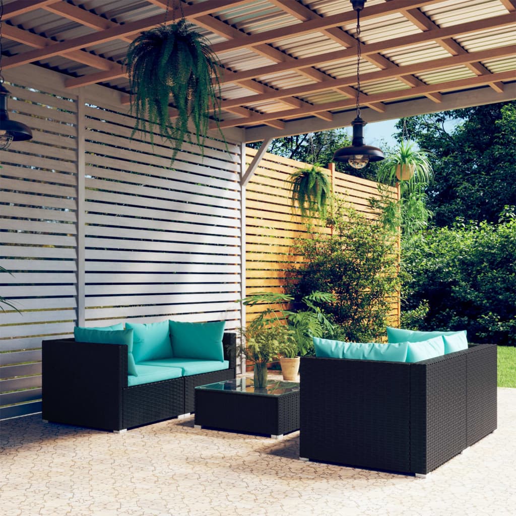 Set mobilier de grădină cu perne, 5 piese, negru, poliratan - Lando