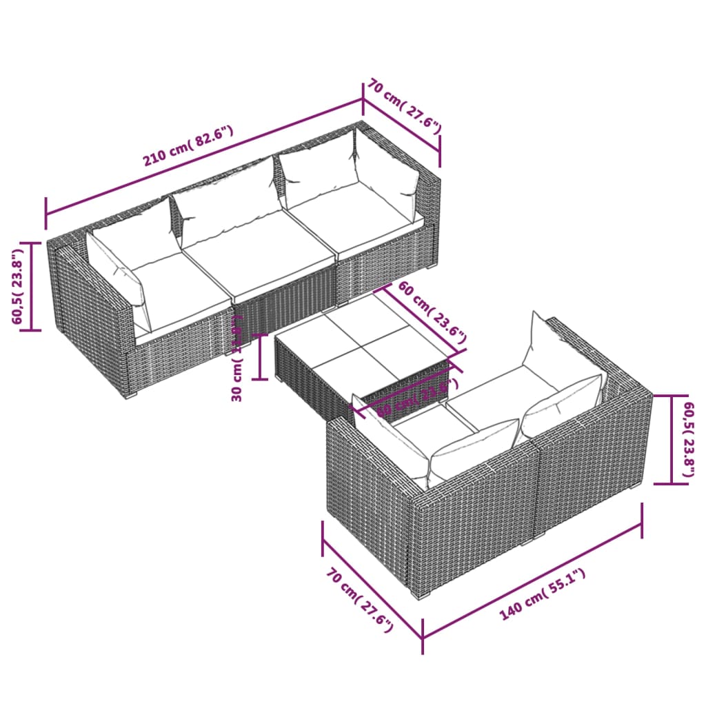 Set mobilier de grădină cu perne, 6 piese, maro, poliratan - Lando