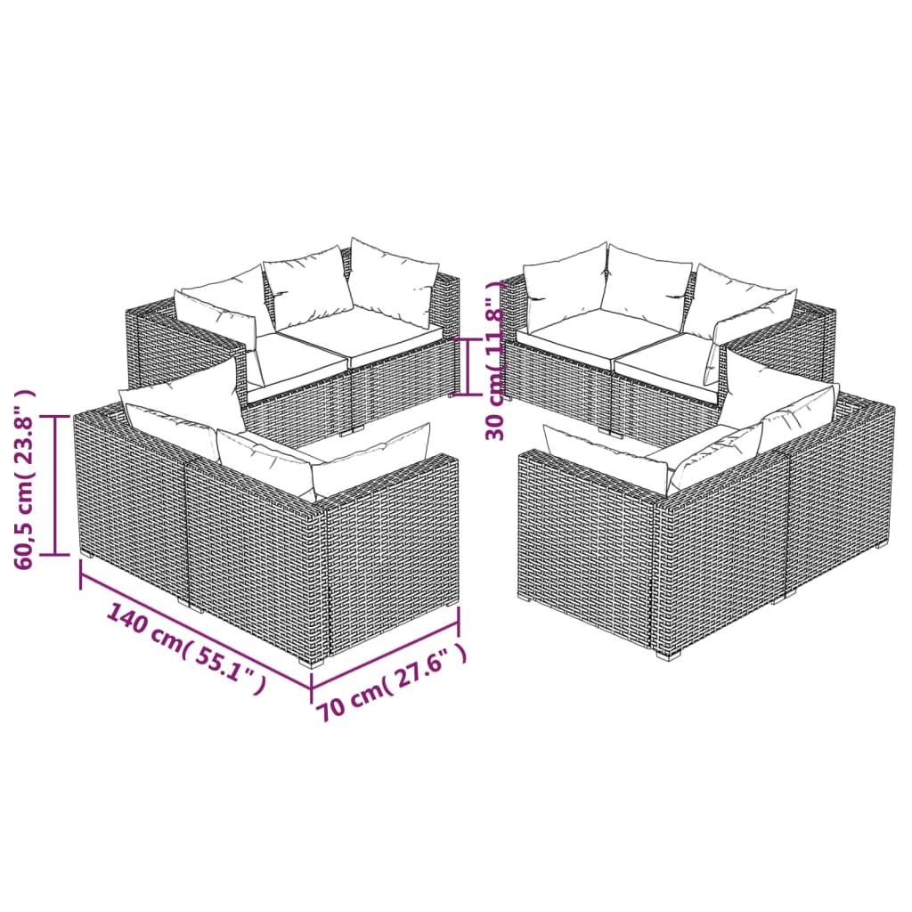 Set mobilier de grădină cu perne, 8 piese, gri, poliratan - Lando