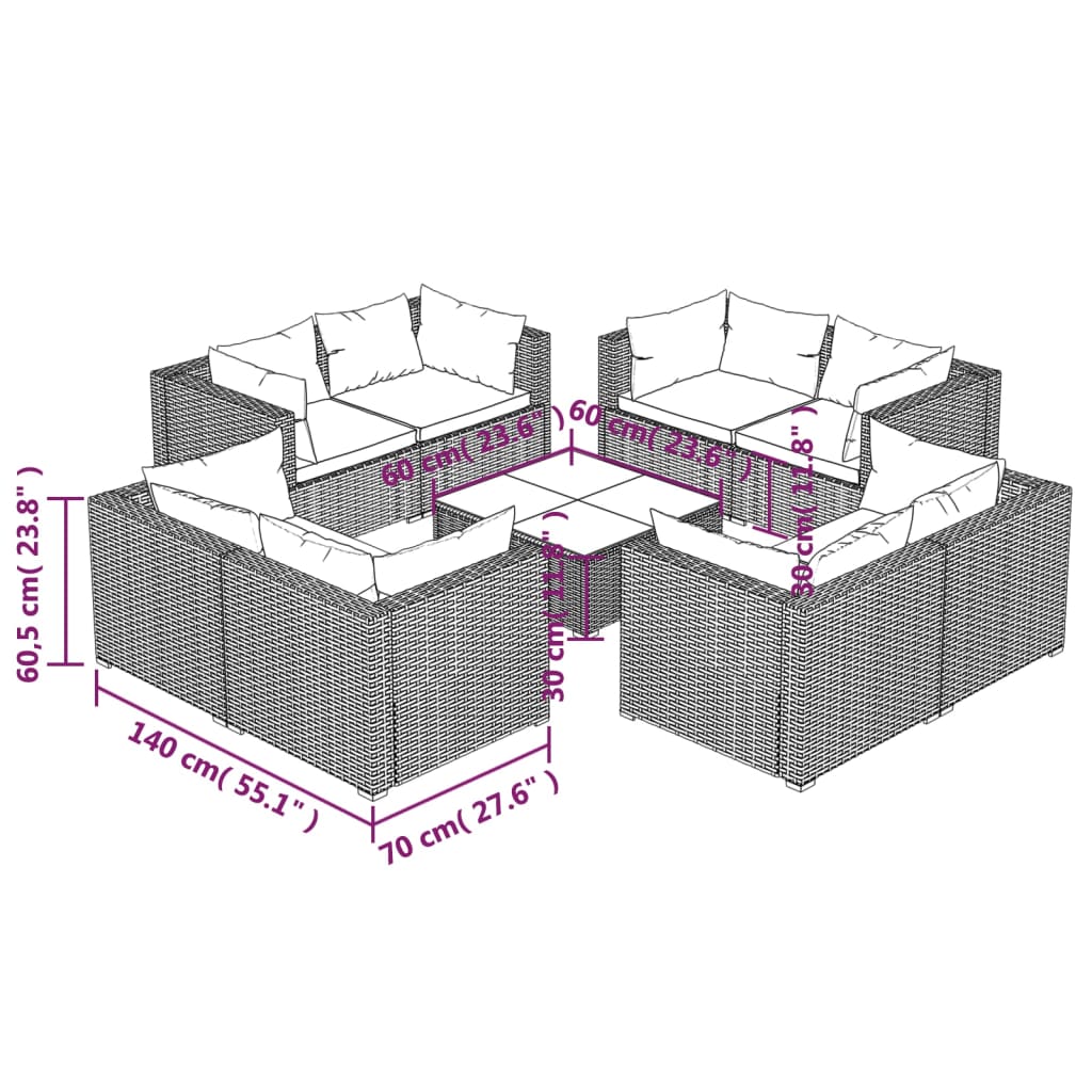 Set mobilier de grădină cu perne, 9 piese, negru, poliratan - Lando