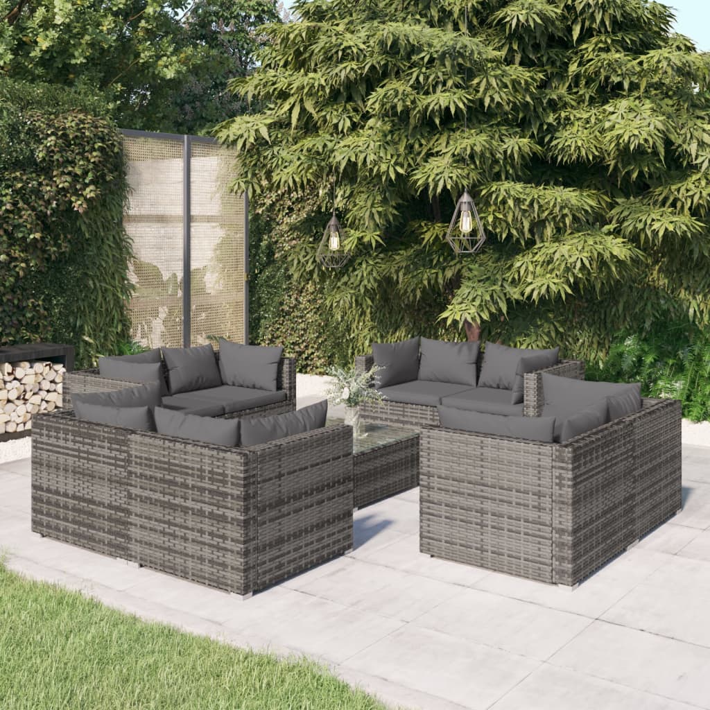 Set mobilier de grădină cu perne, 9 piese, gri, poliratan - Lando