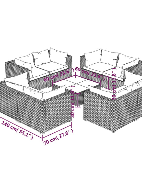 Încărcați imaginea în vizualizatorul Galerie, Set mobilier de grădină cu perne, 9 piese, gri, poliratan - Lando
