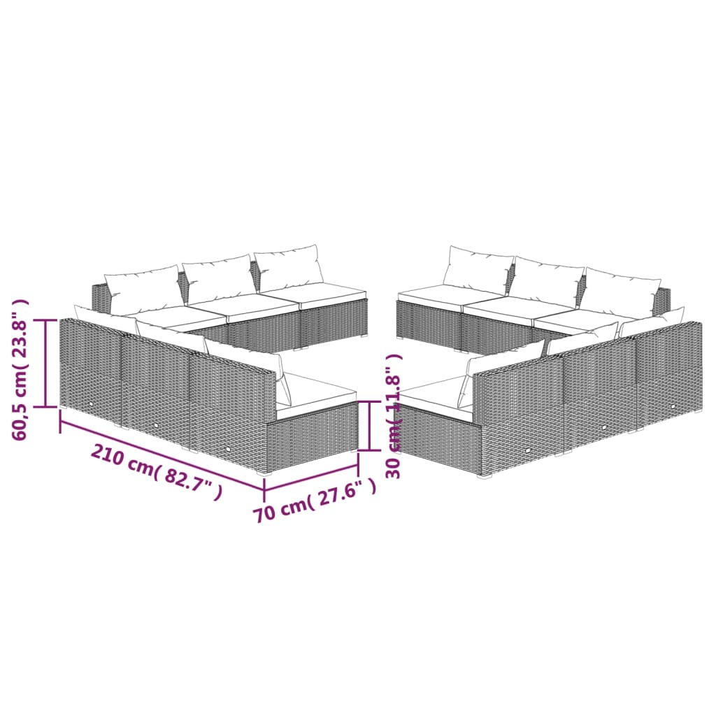 Set mobilier de grădină cu perne, 12 piese, negru, poliratan - Lando