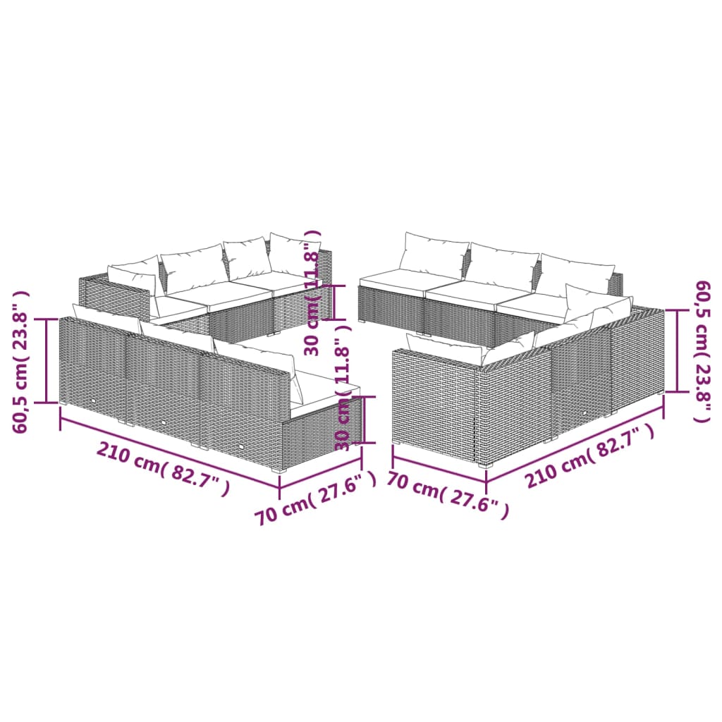 Set mobilier de grădină cu perne, 12 piese, negru, poliratan - Lando