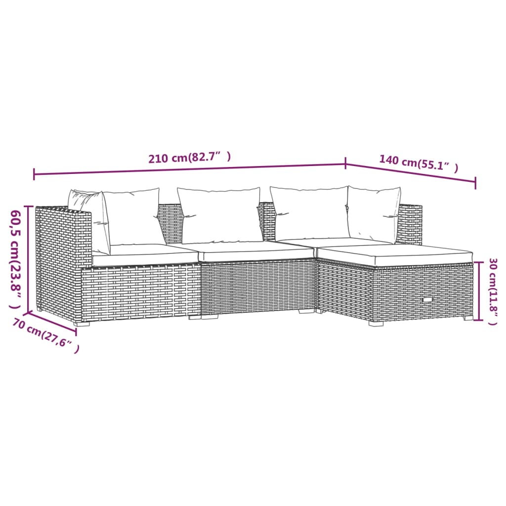 Set mobilier de grădină cu perne, 4 piese, negru, poliratan - Lando