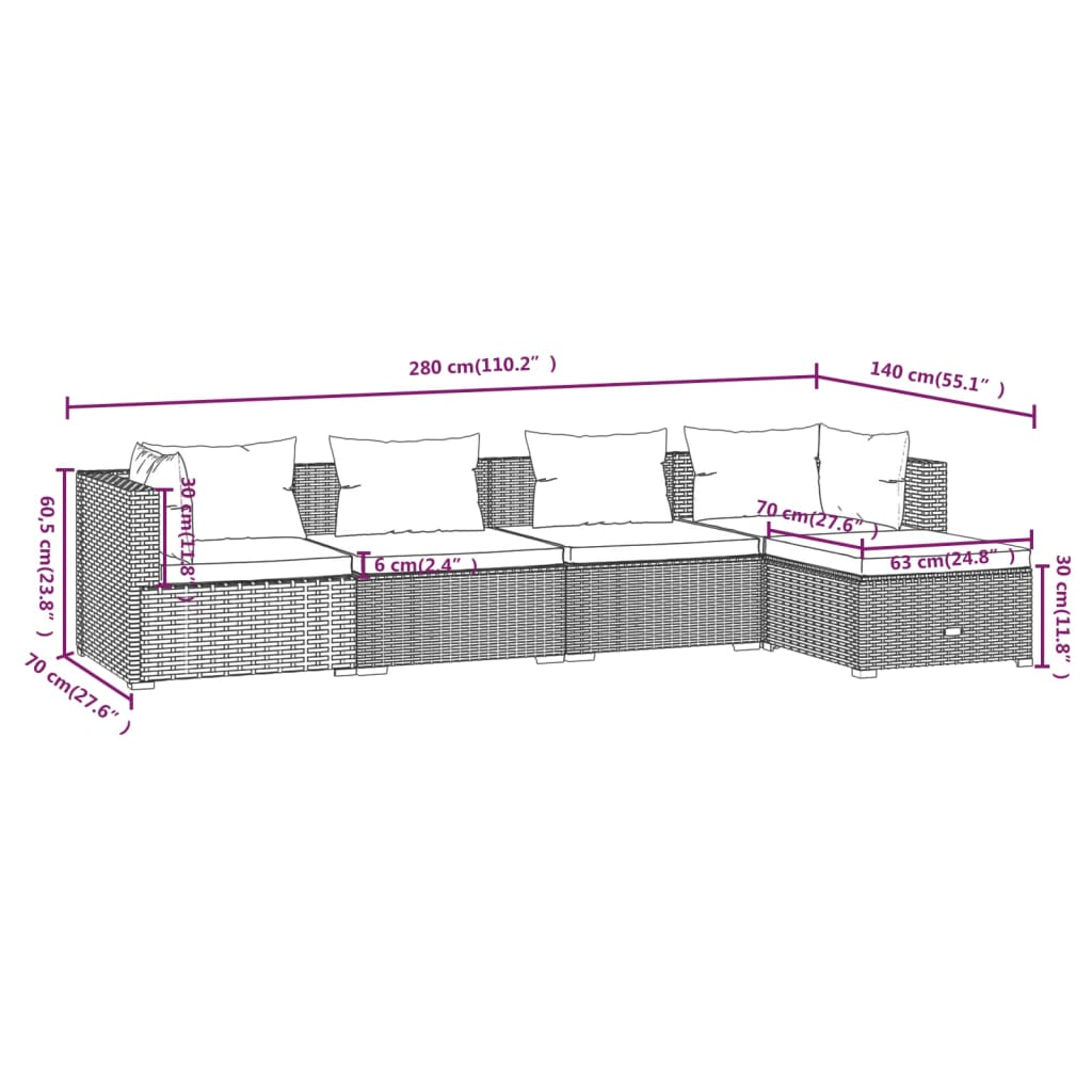 Set mobilier de grădină cu perne, 5 piese, negru, poliratan - Lando