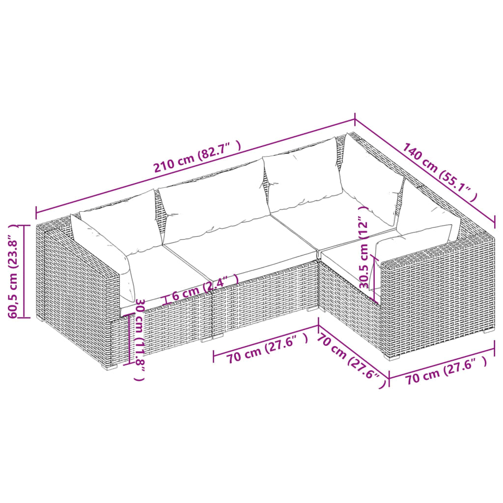 Set mobilier de grădină cu perne, 4 piese, negru, poliratan - Lando