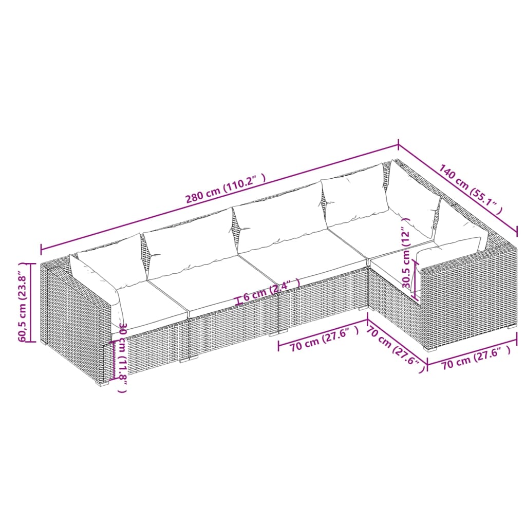 Set mobilier de grădină cu perne, 5 piese, negru, poliratan - Lando