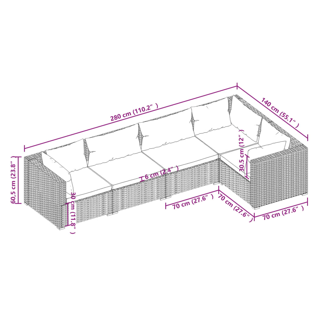 Set mobilier de grădină cu perne, 5 piese, gri, poliratan - Lando