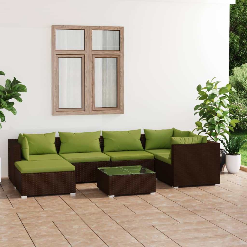 Set mobilier de grădină cu perne, 7 piese, maro, poliratan - Lando