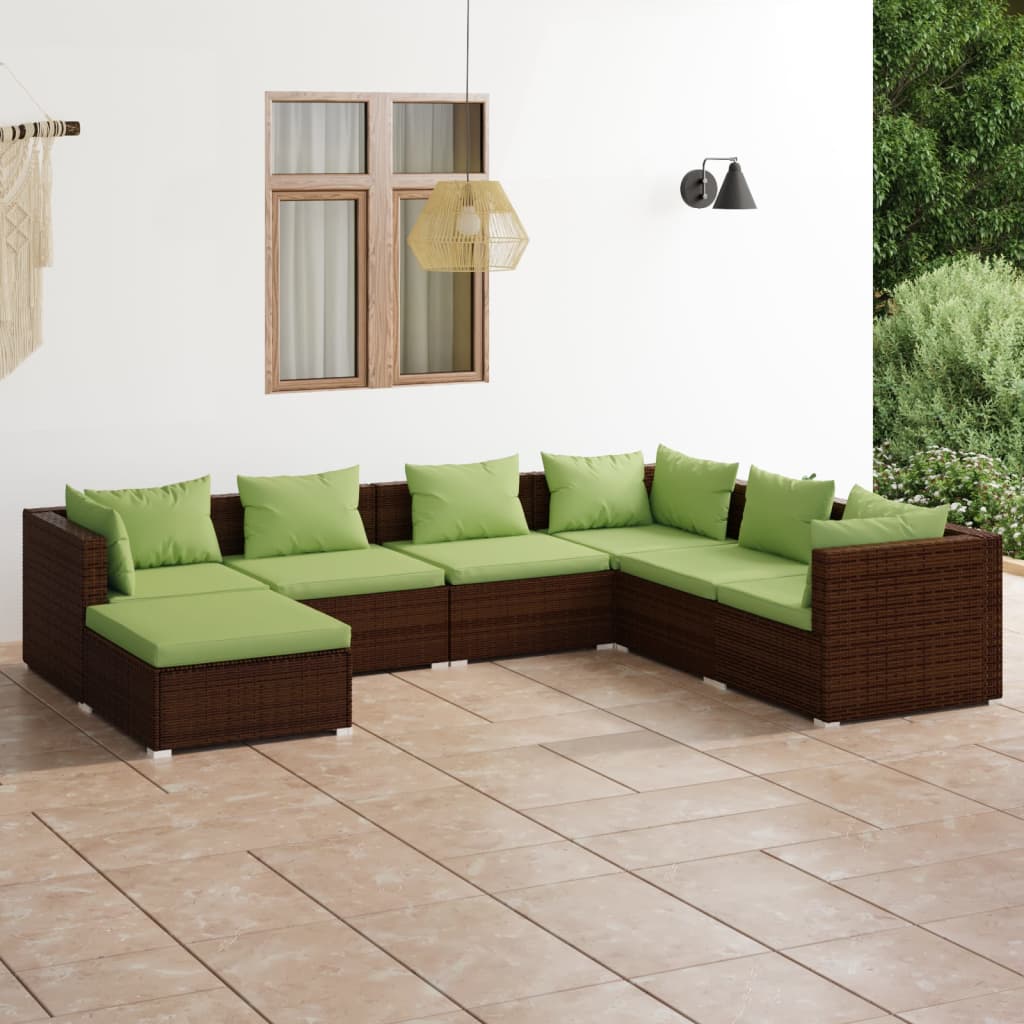 Set mobilier de grădină cu perne, 7 piese, maro, poliratan - Lando