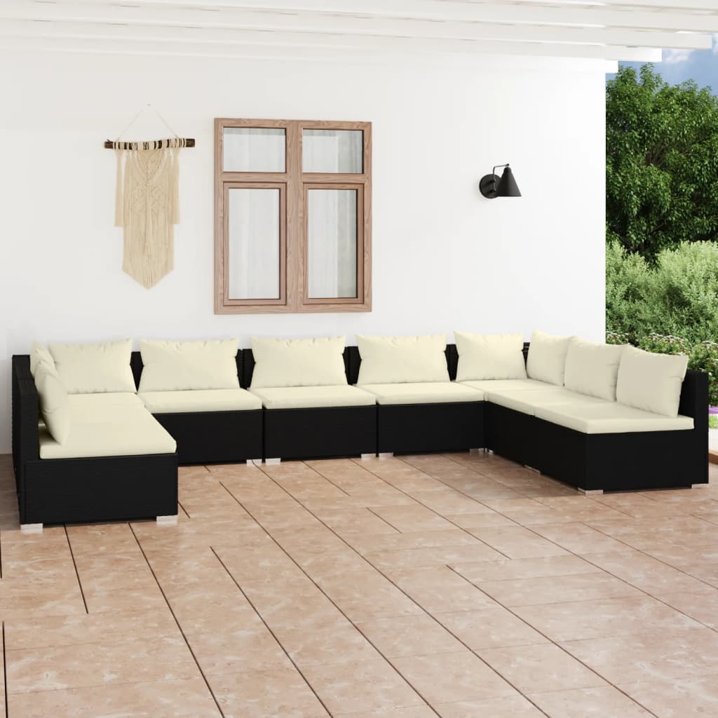 Set mobilier de grădină cu perne, 9 piese, negru, poliratan - Lando