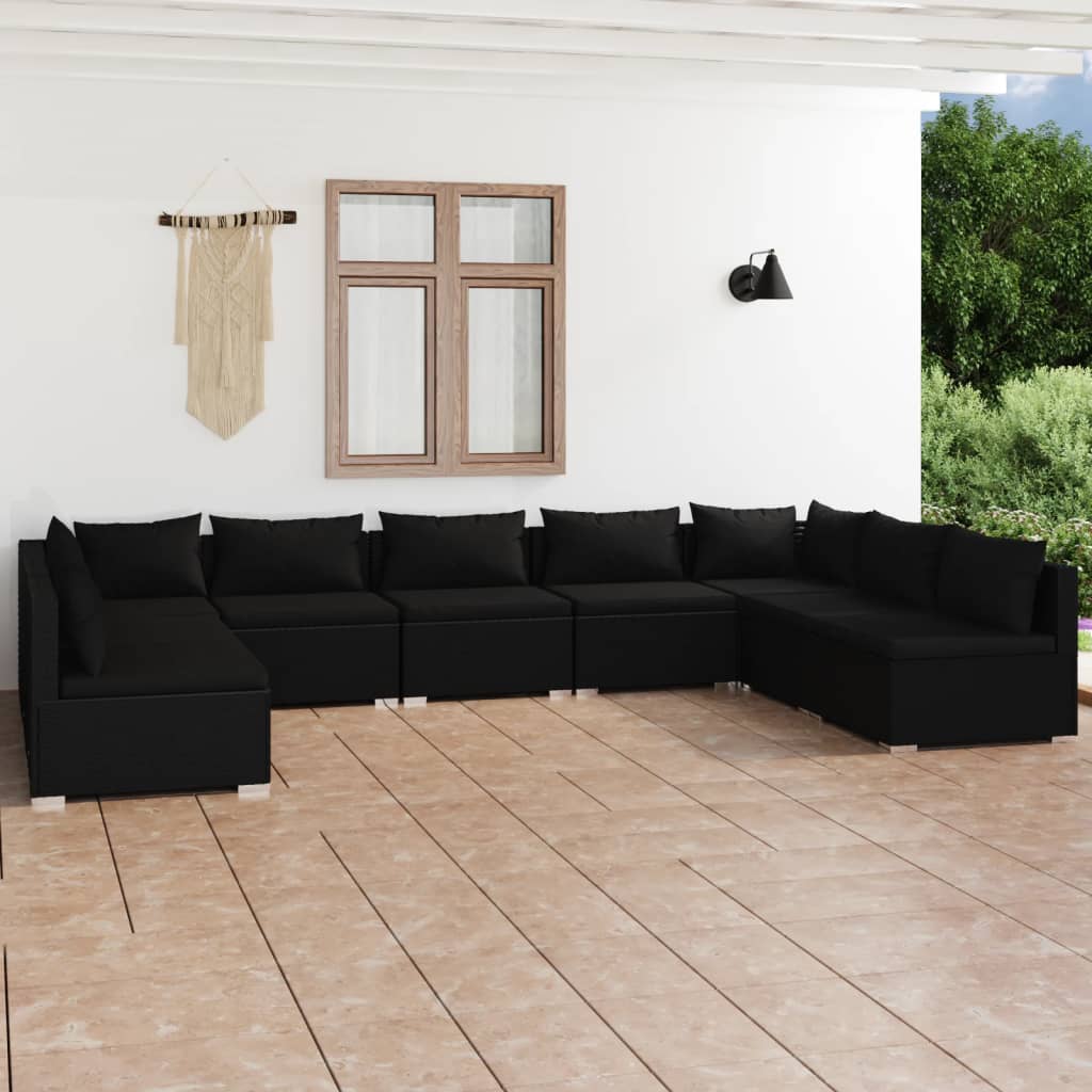 Set mobilier de grădină cu perne, 9 piese, negru, poliratan - Lando