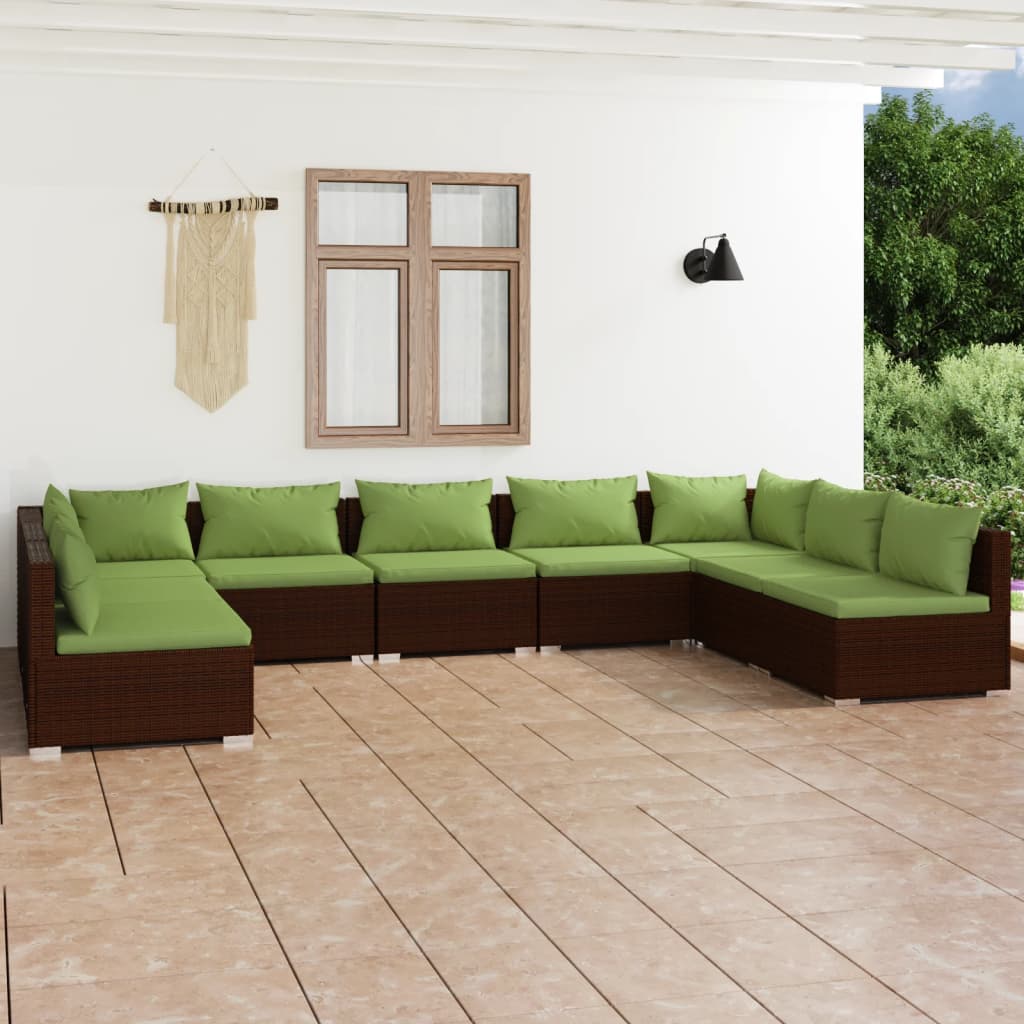 Set mobilier de grădină cu perne, 9 piese, maro, poliratan - Lando