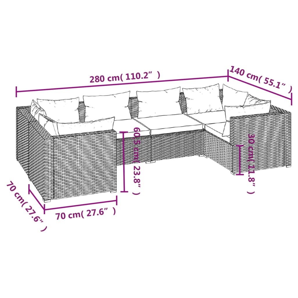 Set mobilier de grădină cu perne, 6 piese, negru, poliratan - Lando