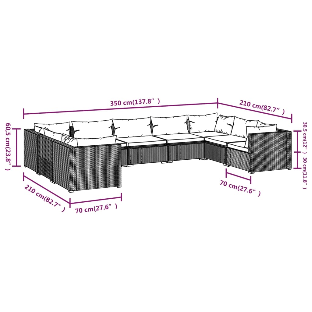 Set mobilier de grădină cu perne, 9 piese, maro, poliratan - Lando