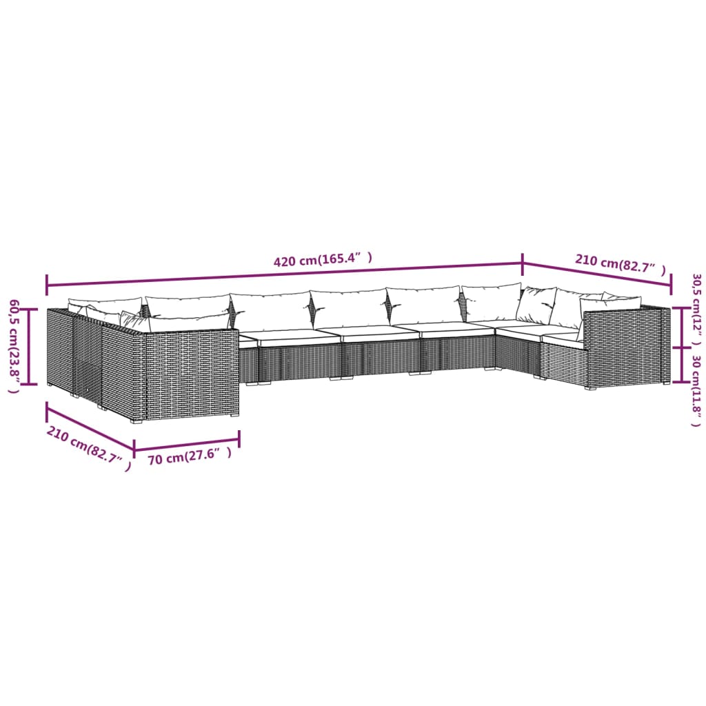 Set mobilier de grădină cu perne, 10 piese, negru, poliratan - Lando