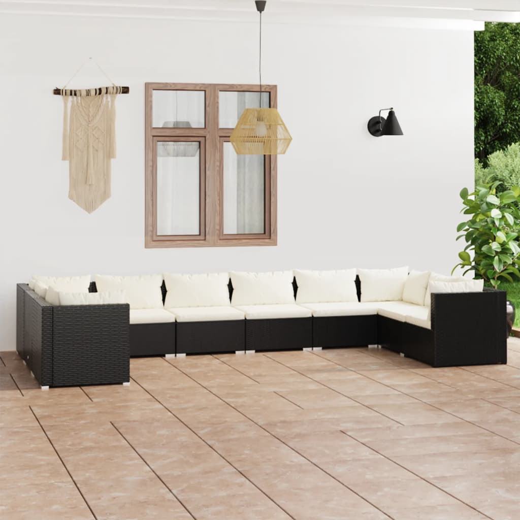 Set mobilier de grădină cu perne, 10 piese, negru, poliratan - Lando