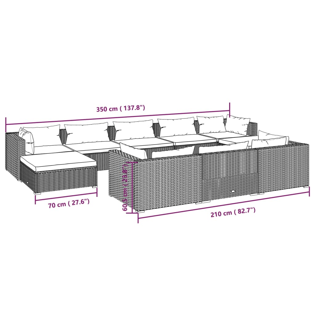 Set mobilier de grădină cu perne, 10 piese, maro, poliratan - Lando