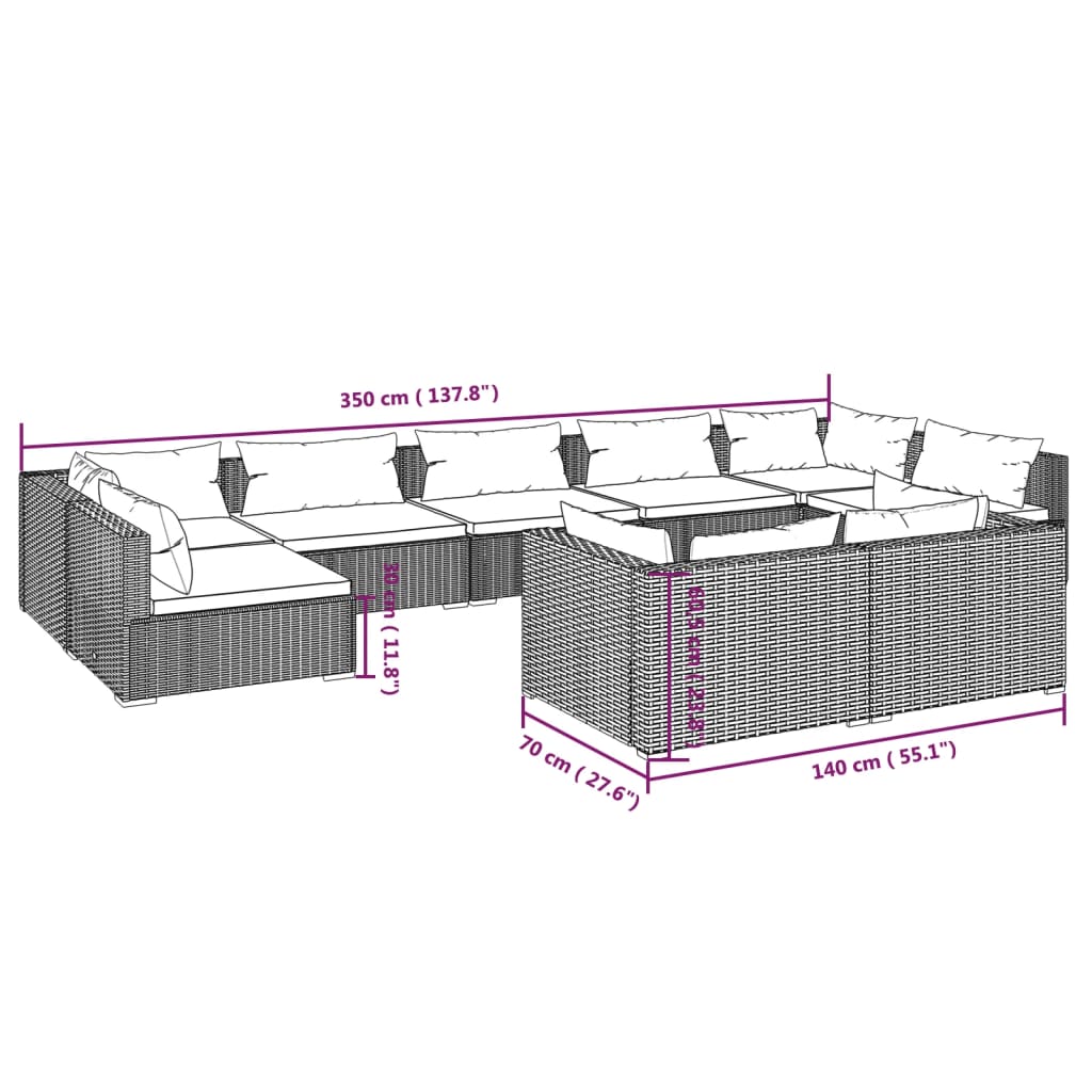 Set mobilier de grădină cu perne, 9 piese, negru, poliratan - Lando