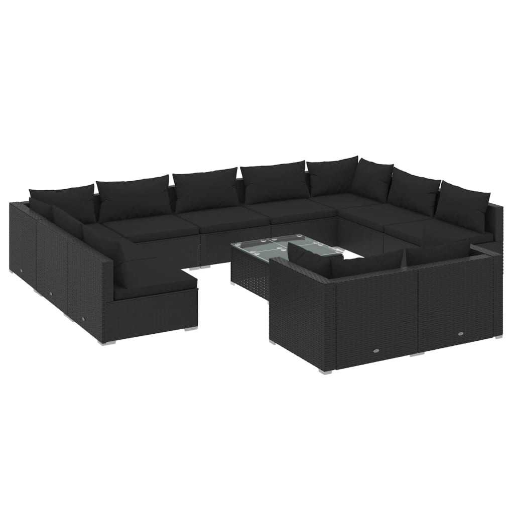 Set mobilier de grădină cu perne, 12 piese, negru, poliratan - Lando