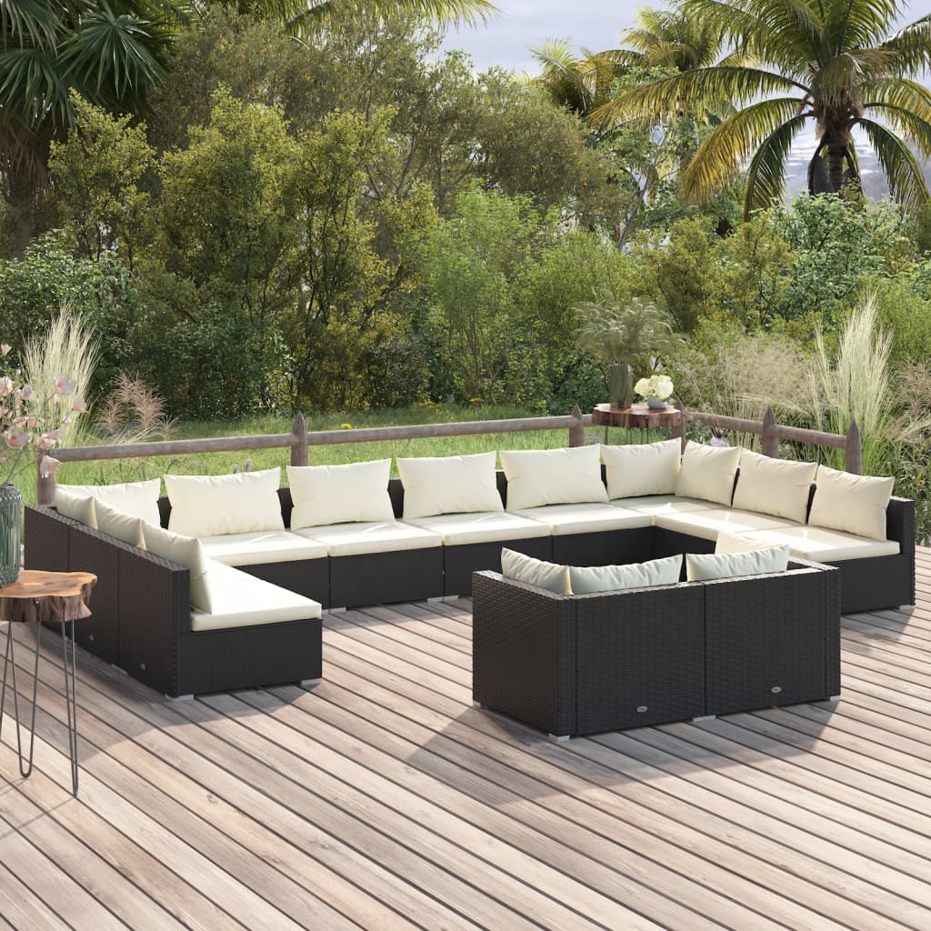 Set mobilier de grădină cu perne, 12 piese, negru, poliratan - Lando