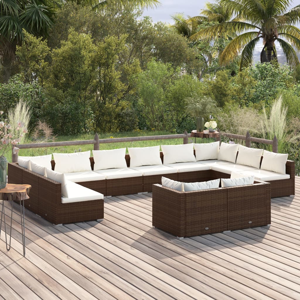 Set mobilier de grădină cu perne, 12 piese, maro, poliratan - Lando