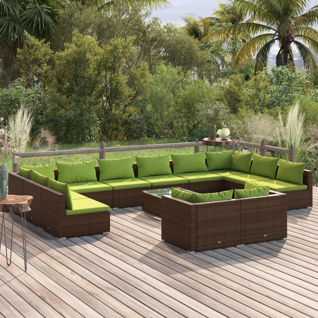 Set mobilier de grădină cu perne, 13 piese, maro, poliratan - Lando