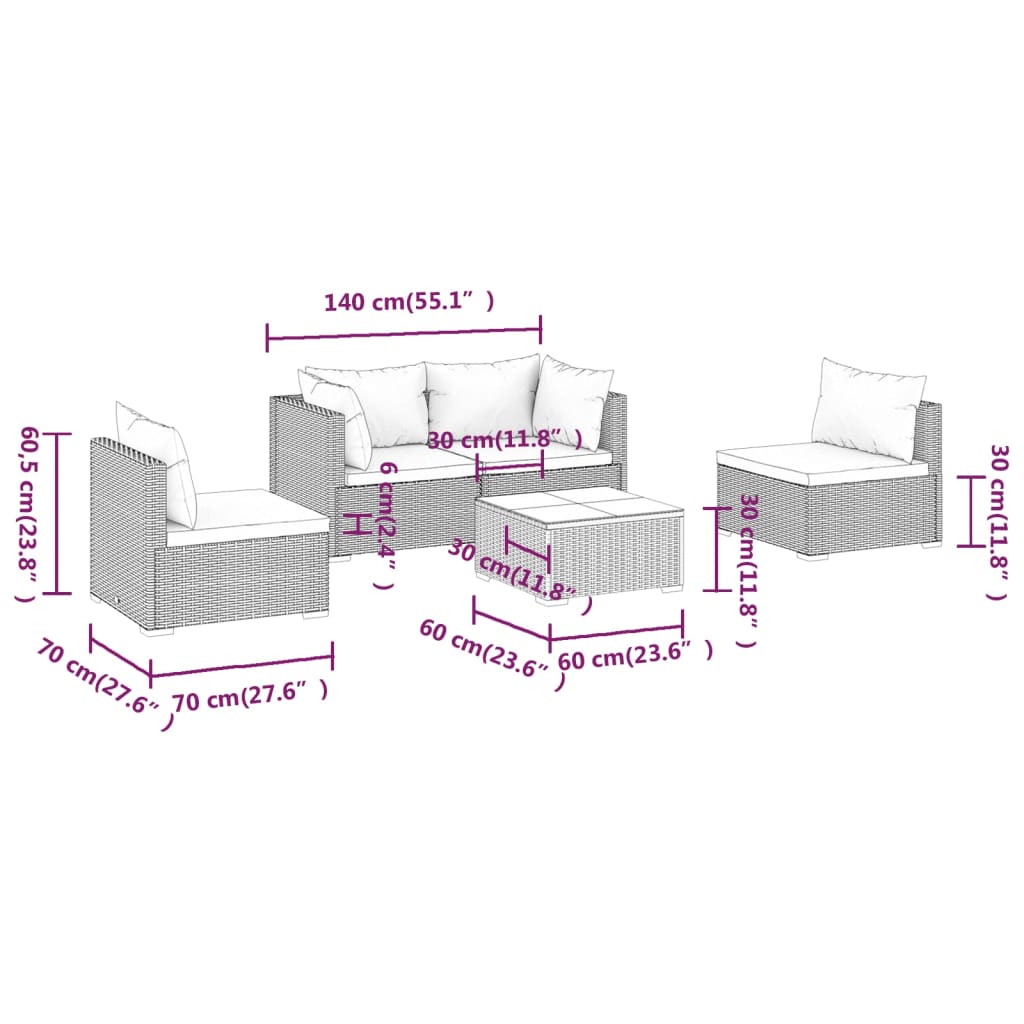 Set mobilier de grădină cu perne, 5 piese, maro, poliratan - Lando