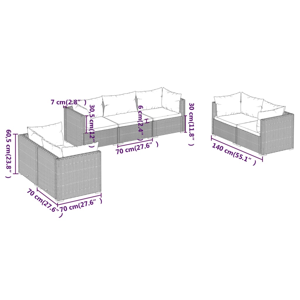 Set mobilier de grădină cu perne, 7 piese, maro, poliratan - Lando