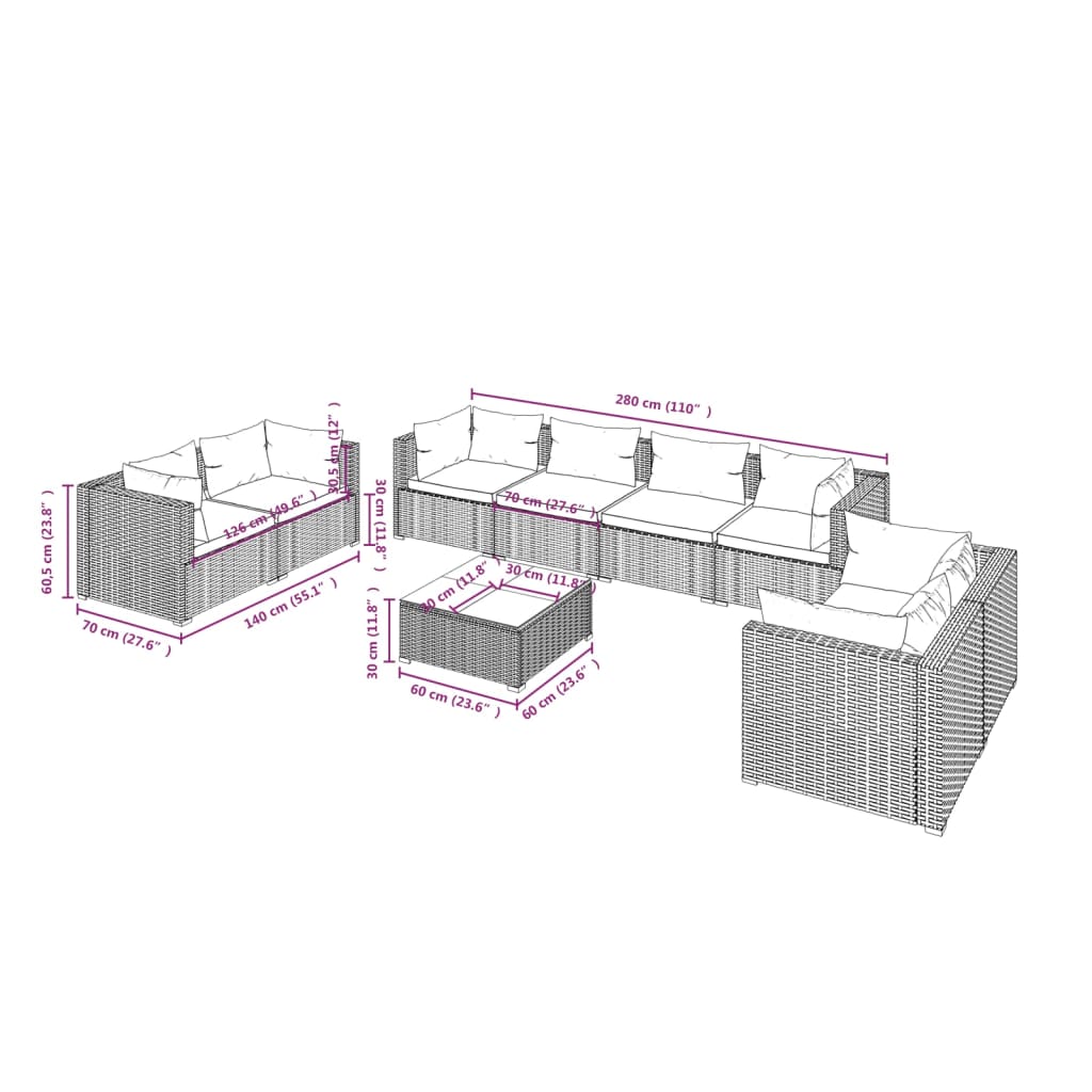 Set mobilier de grădină cu perne, 9 piese, maro, poliratan - Lando