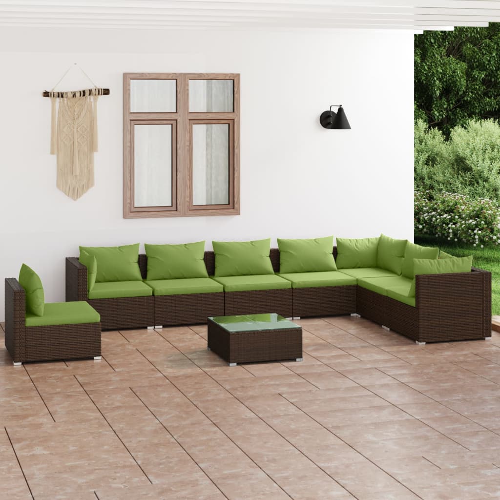 Set mobilier de grădină cu perne, 9 piese, maro, poliratan - Lando