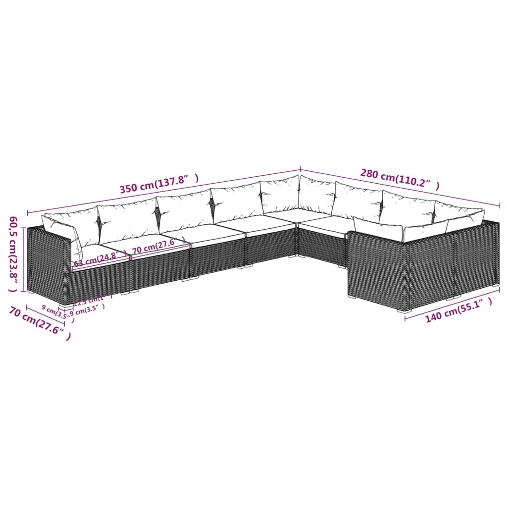 Set mobilier de grădină cu perne, 9 piese, gri, poliratan - Lando